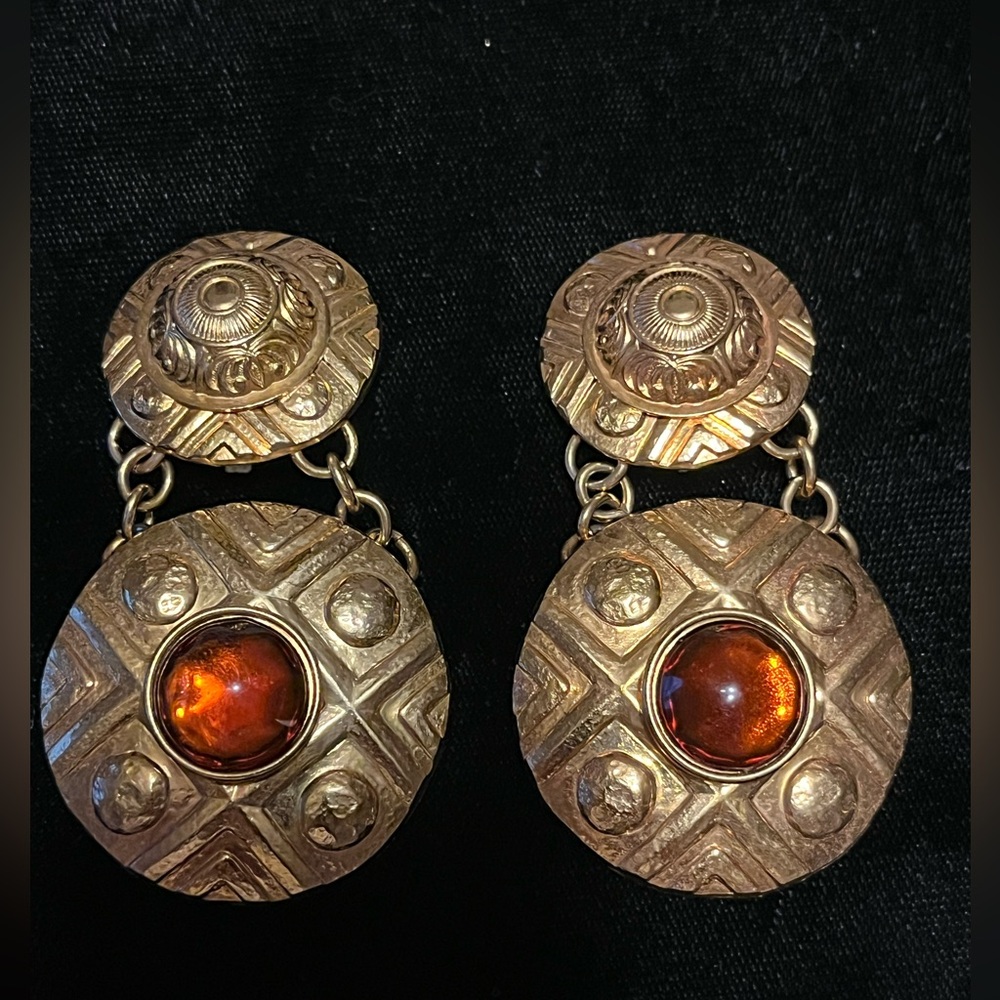 Gorgeous Goldtone Ornate Oversized Vintage Dangling Earrings Amber Glass Accent